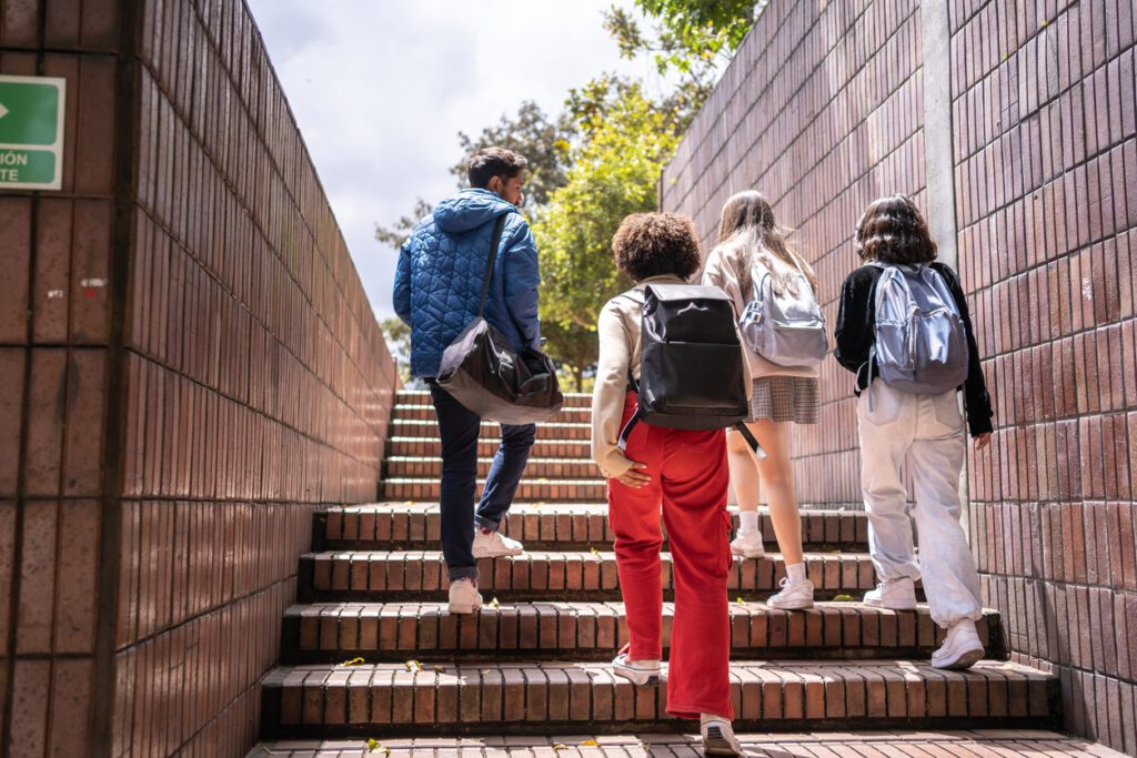 Rear view of young university students talking while walking up the stairs